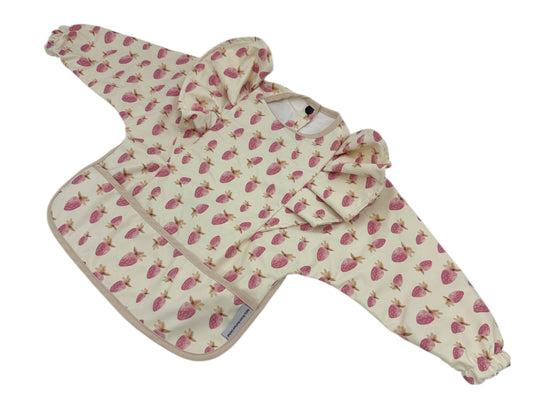 Pink Watercolour Strawberry Pattern Frill Detailed Waterproof Bib with Sleeves