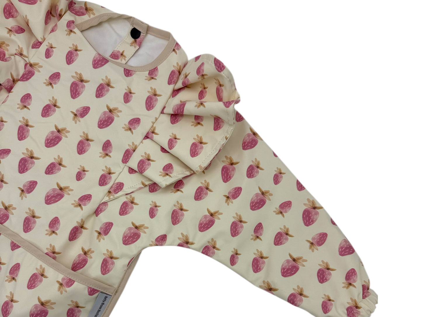 Pink Watercolour Strawberry Pattern Frill Detailed Waterproof Bib with Sleeves