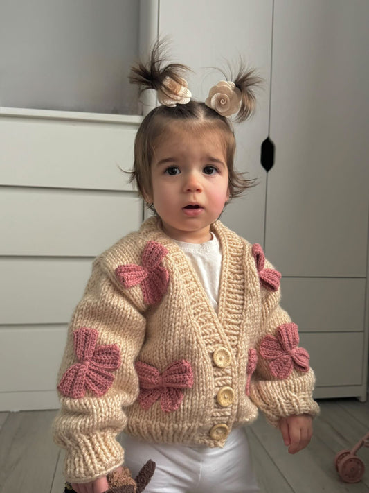 Handknitted Bow Patterned Cardigan - Latte/Pink