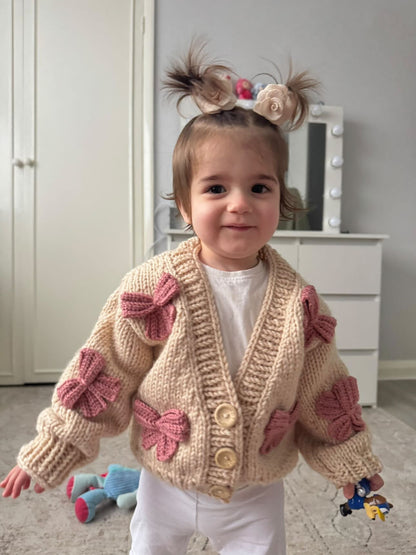 Handknitted Bow Patterned Cardigan - Latte/Pink