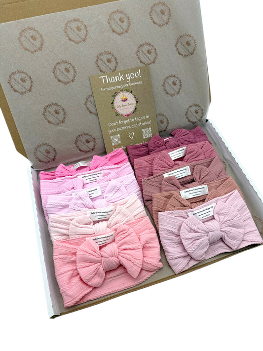 Pinks Bundle of 10 Smaller Bow Cable Knit Headbands - Suitable From Newborn