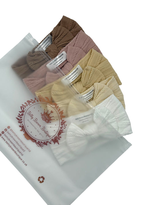 Neutral Newborn Bundle of Smaller Bow Cable Knit Headbands (Suitable from Newborn)