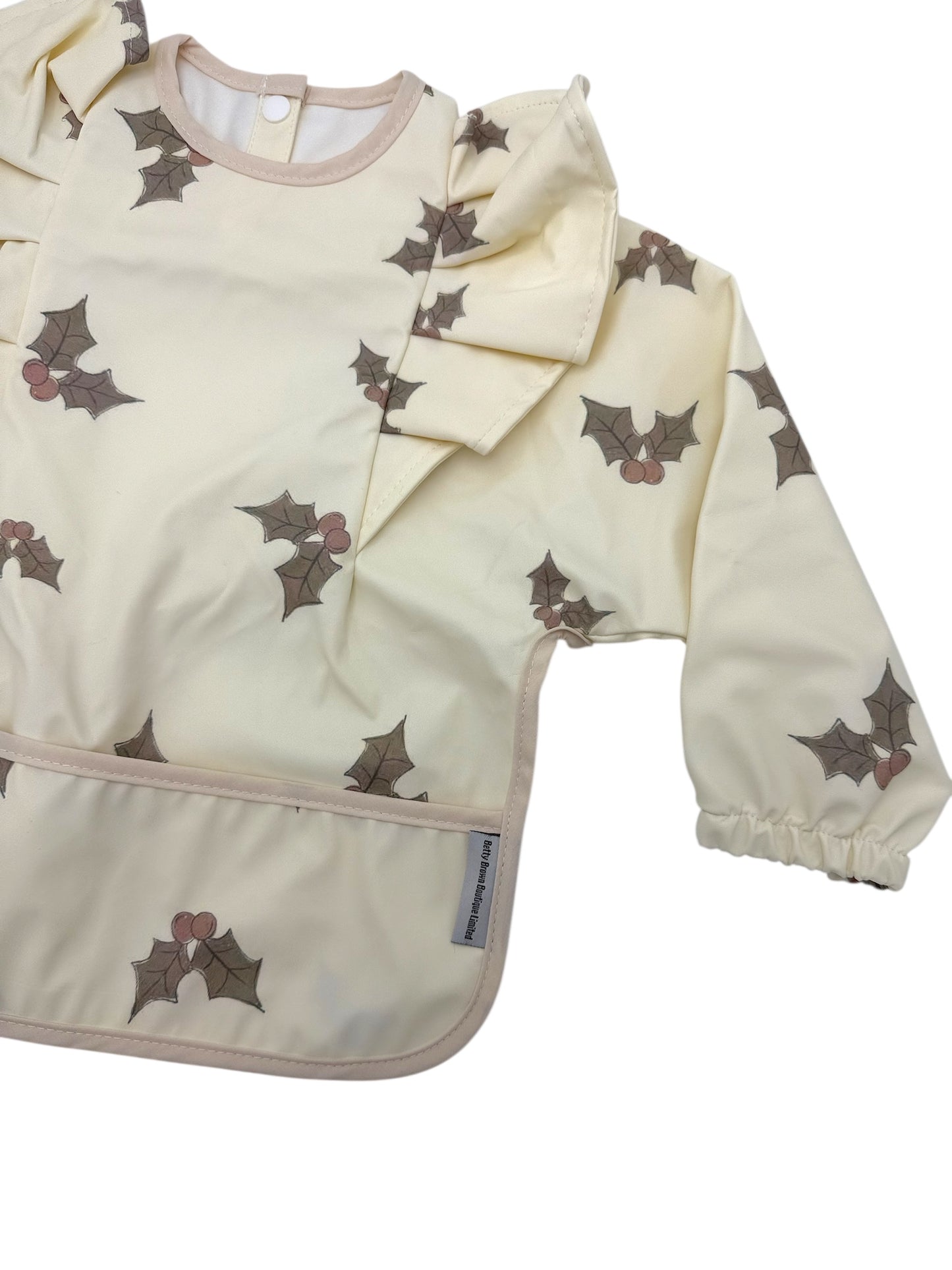 Christmas Cream Holly Pattern Frill Detailed Waterproof Bib with Sleeves