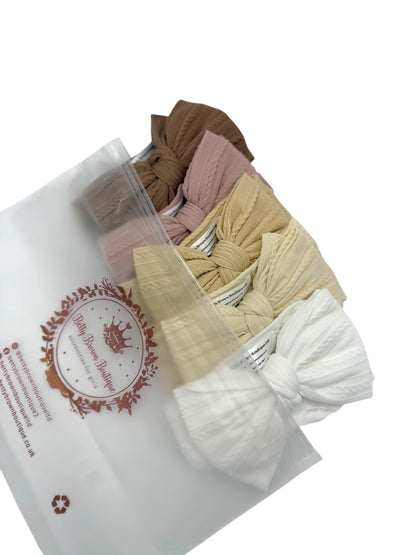 Neutral Newborn Bundle of Larger Bow Cable Knit Headbands - Suitable From Newborn