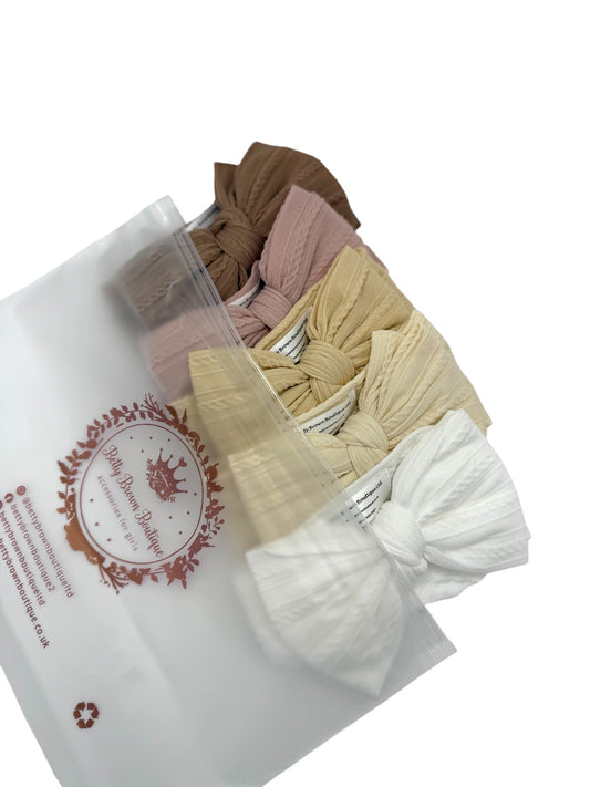 Neutral Newborn Bundle of Larger Bow Cable Knit Headbands - Suitable From Newborn
