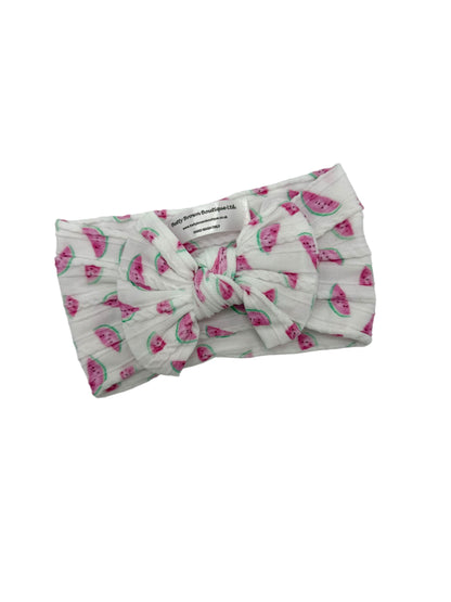 White Watermelon Print Smaller Bow Cable Knit Headband