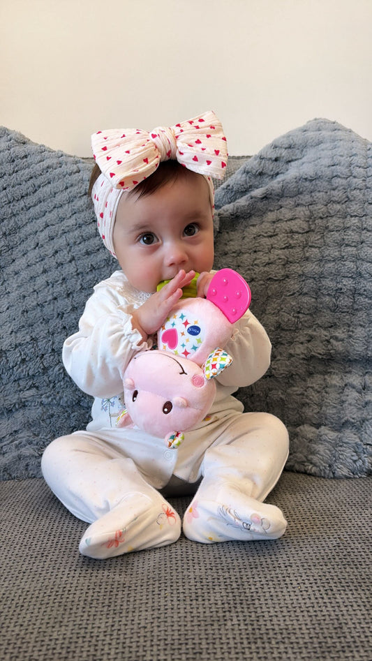 Cream and Red Heart Pattern Larger Bow Cable Knit Headband - Valentines Collection