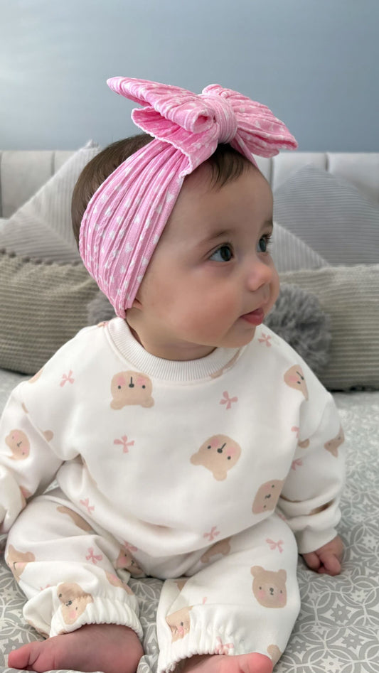 Pink Heart Pattern Larger Bow Cable Knit Headband - Valentines Collection