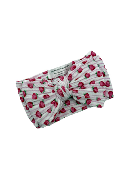 Pink Pinstripe Strawberry Print Larger Bow Cable Knit Headband