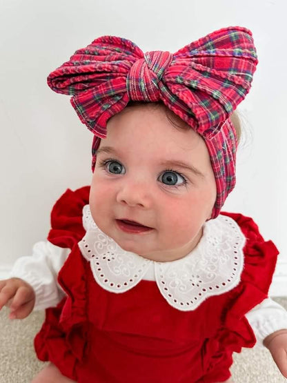 Red Tartan Larger Bow Cable Knit Headwrap - Christmas Collection - Betty Brown Boutique Ltd
