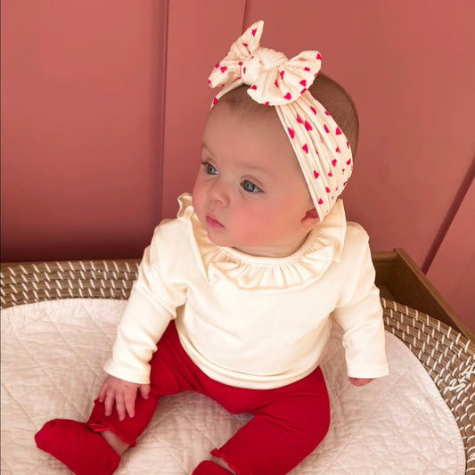 Cream and Red Heart Smaller Bow Cable Knit Headband  - Valentines Collection