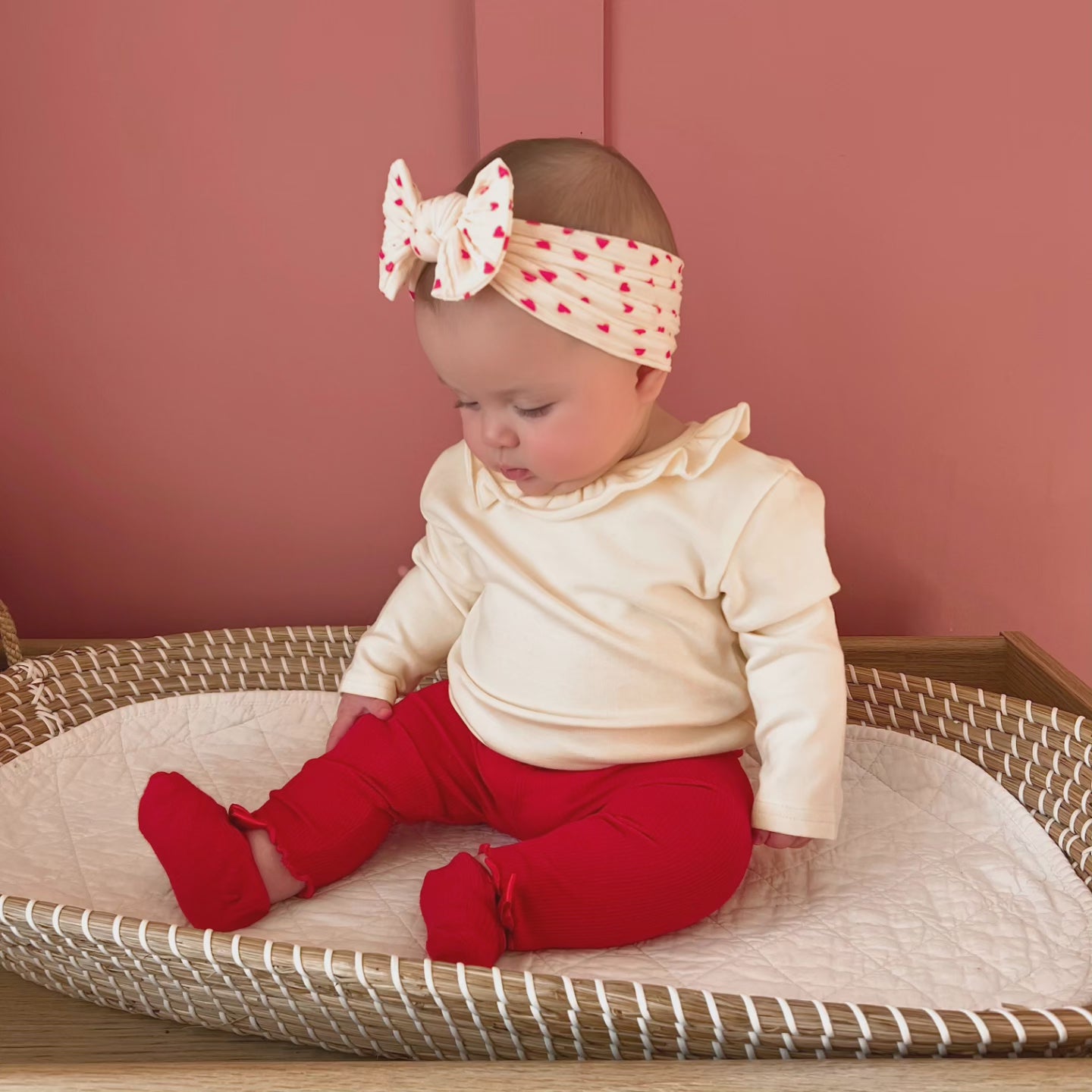 Cream and Red Heart Smaller Bow Cable Knit Headband  - Valentines Collection