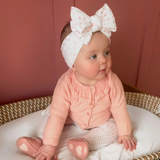 Pink and White Hearts Larger Bow Cable Knit Headwrap - Valentines Collection