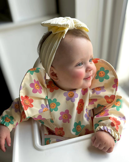 Smiley Daisy Print Frill Detail Waterproof Bib with Sleeves