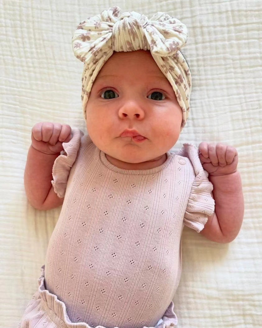 Neutral Flower Print Smaller Bow Cable Knit Headwrap