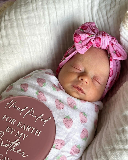 Pink Strawberry Print Smaller Bow Cable Knit Headwrap - Betty Brown Boutique Ltd