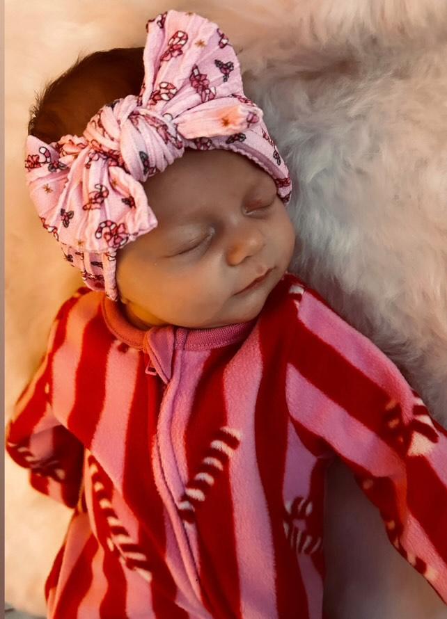 Pink Candy Cane Christmas Smaller Bow Cable Knit Headband