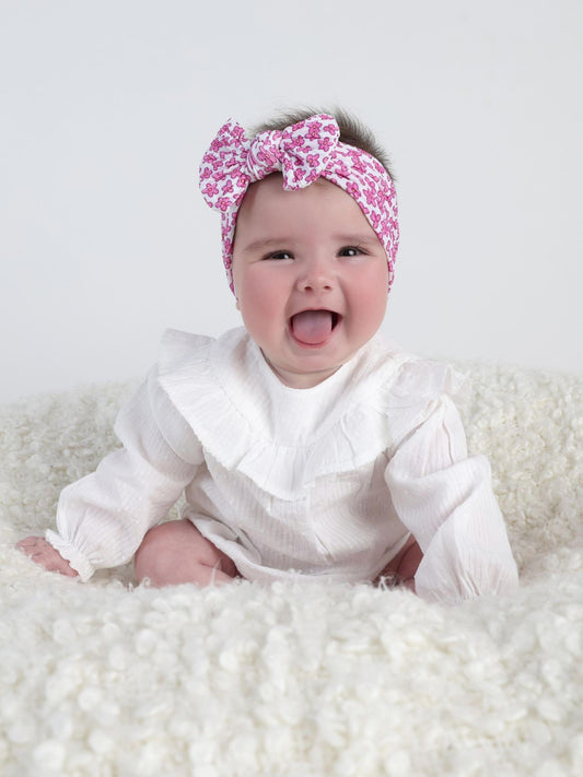 Pink and White Daisy Print Smaller Bow Cable Knit Headband