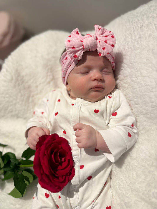 Pink and Red Heart Pattern Smaller Bow Cable Knit Headband  - Valentines Collection