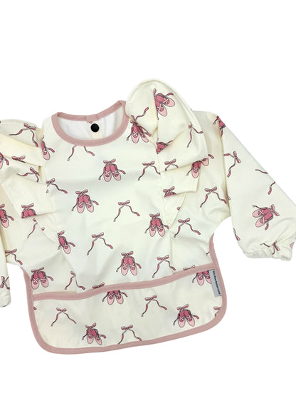 Pink Ballet Shoe Print Frill Detailed Waterproof Bib with Sleeves