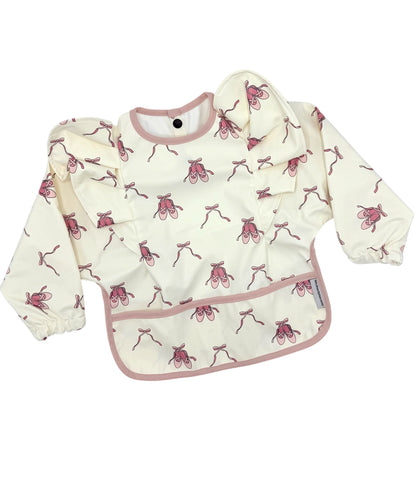 Pink Ballet Shoe Print Frill Detailed Waterproof Bib with Sleeves