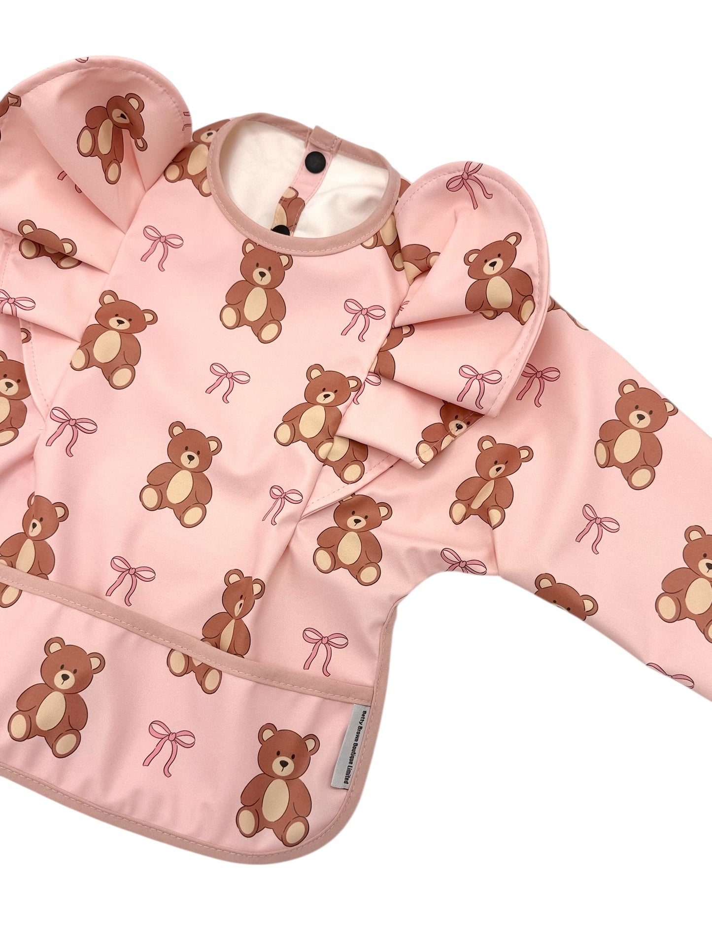 Pink Teddy Bear Bow Pattern Frill Detailed Waterproof Bib with Sleeves