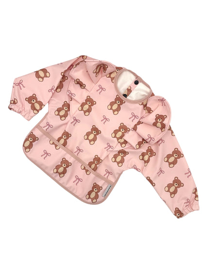 Pink Teddy Bear Bow Pattern Frill Detailed Waterproof Bib with Sleeves