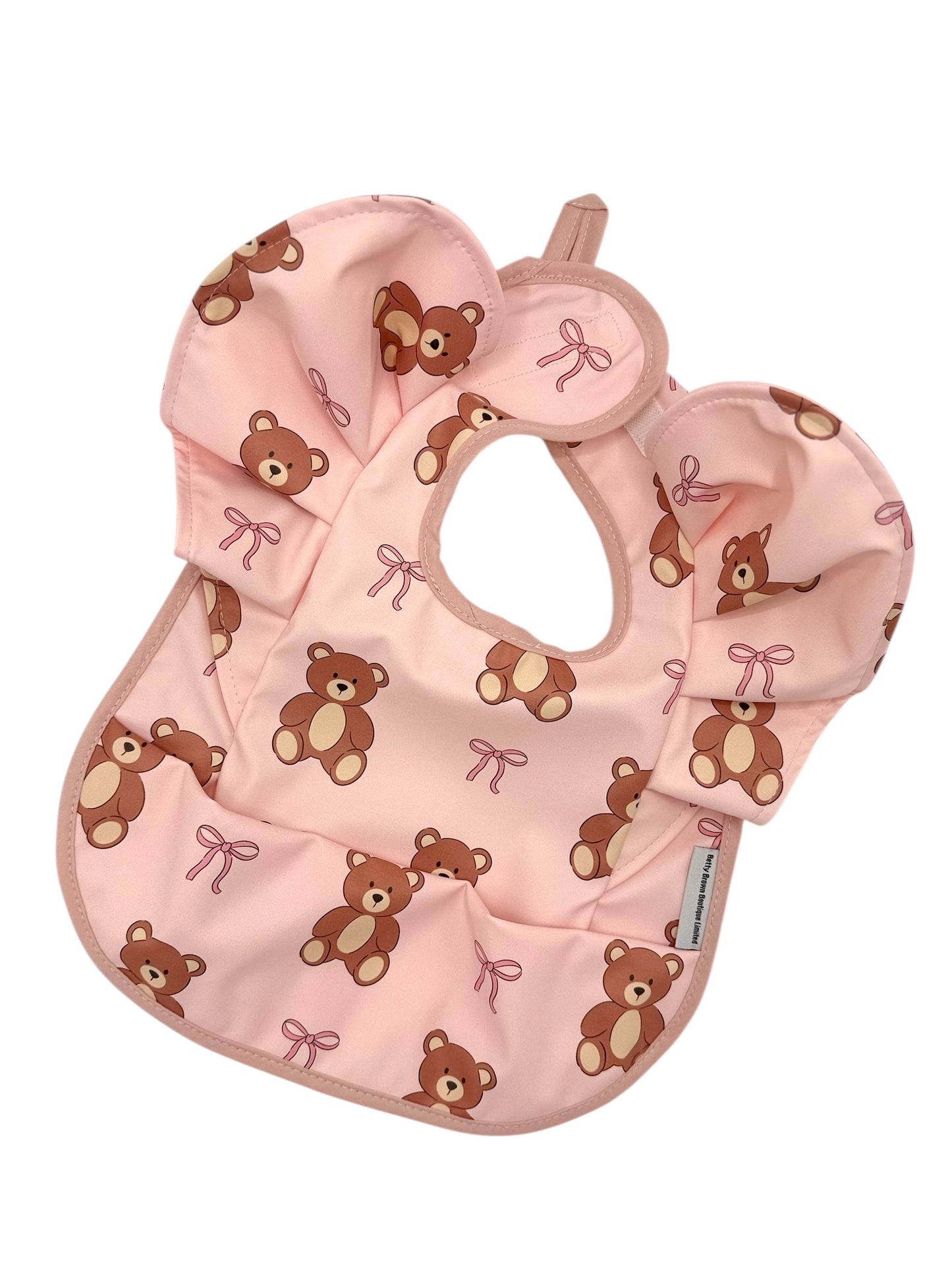 Pink Teddy Bear Bow Pattern Frill Detailed Waterproof Bib