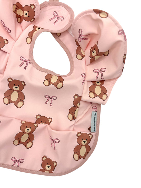 Pink Teddy Bear Bow Pattern Frill Detailed Waterproof Bib