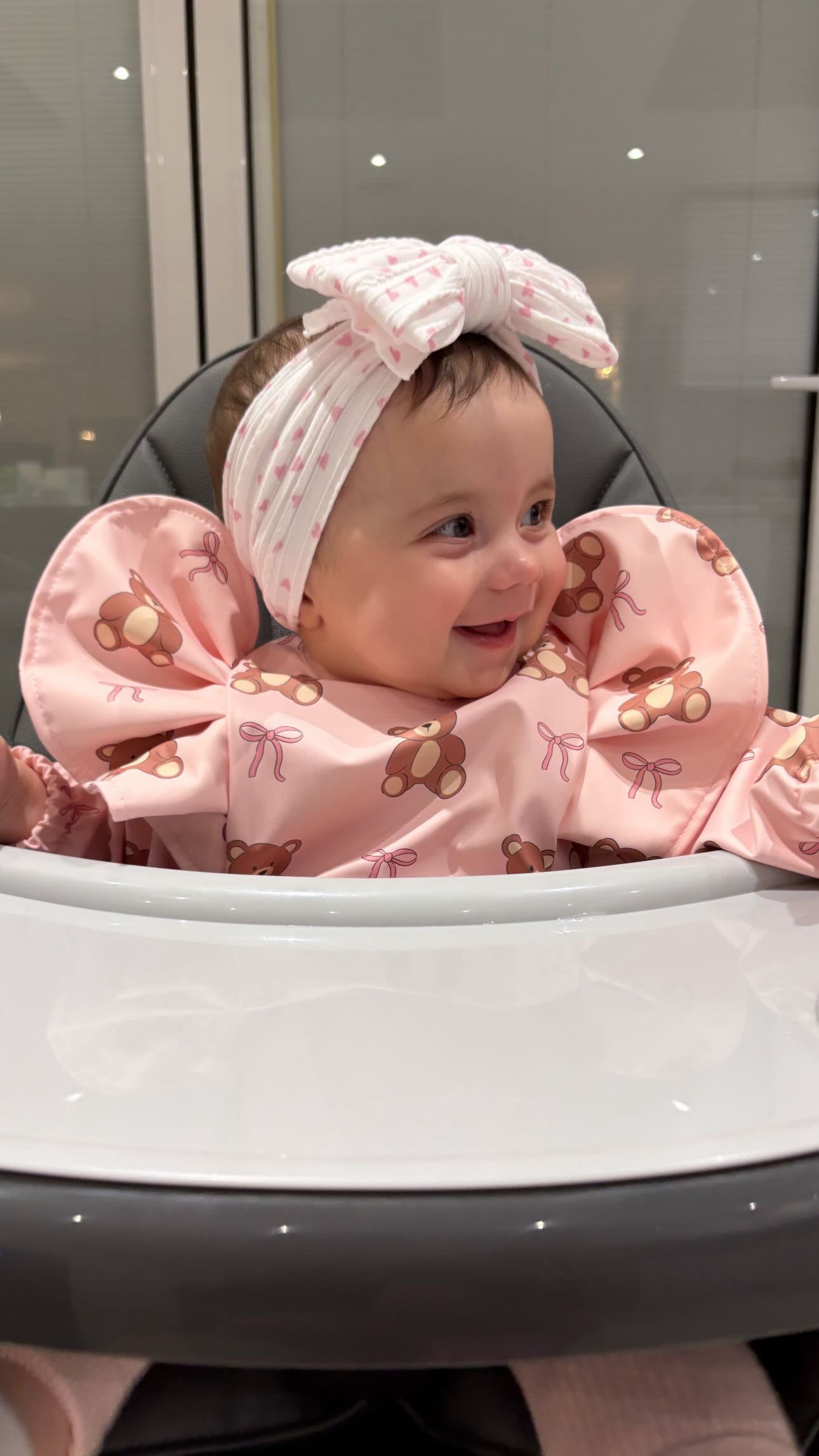 Pink Teddy Bear Bow Pattern Frill Detailed Waterproof Bib with Sleeves