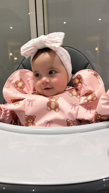 Pink Teddy Bear Bow Pattern Frill Detailed Waterproof Bib with Sleeves