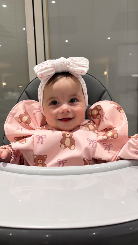 Pink Teddy Bear Bow Pattern Frill Detailed Waterproof Bib with Sleeves