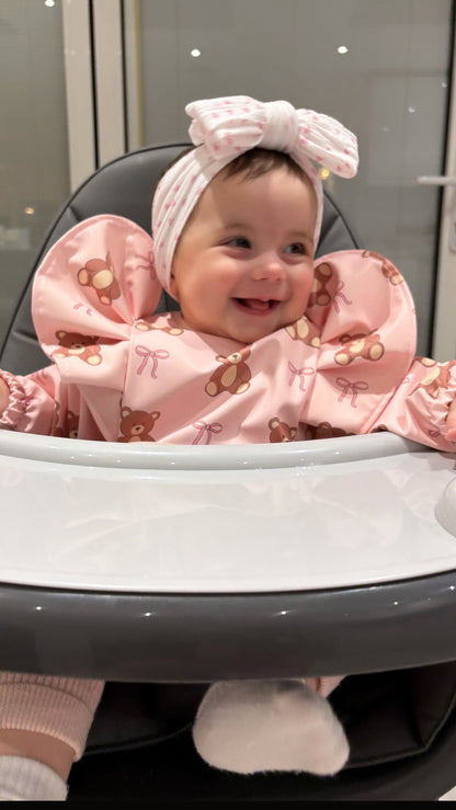 Pink Teddy Bear Bow Pattern Frill Detailed Waterproof Bib with Sleeves