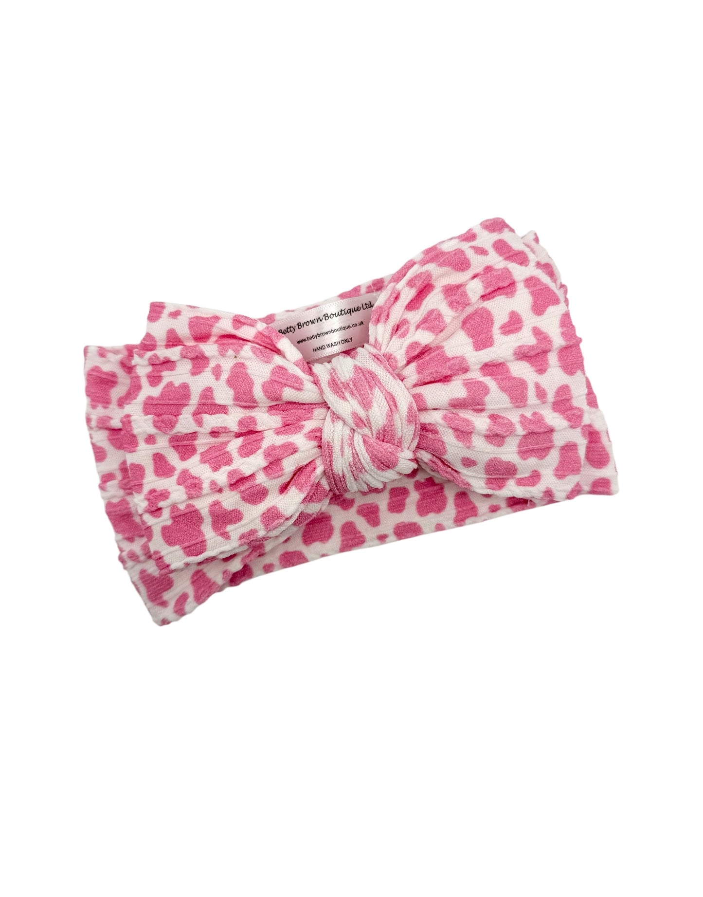 Pink Cow Print Larger Bow Cable Knit Headband