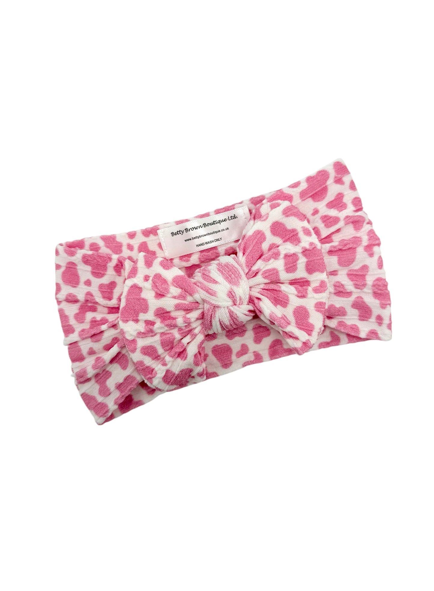 Pink Cow Print Smaller Bow Cable Knit Headband
