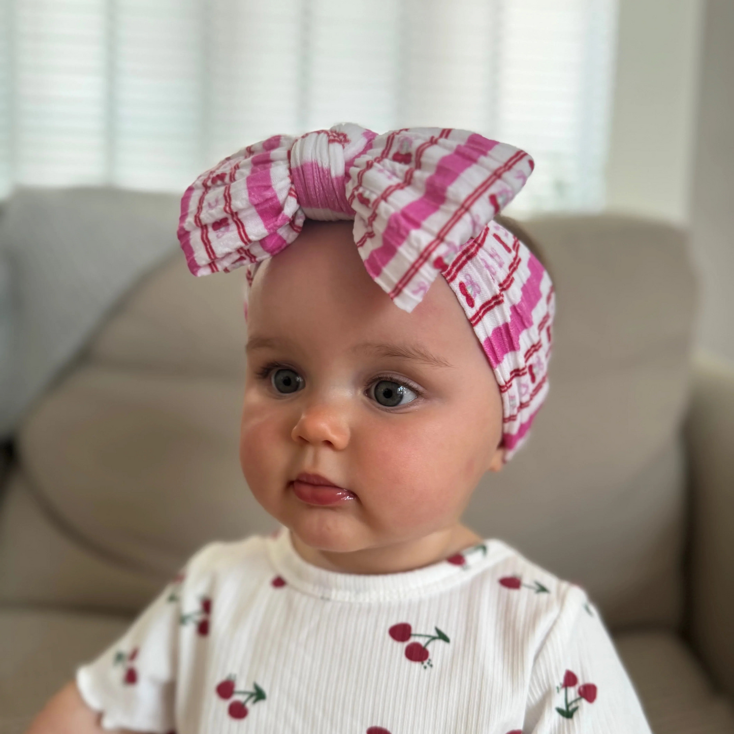 Pink Pinstripe Cherry Pattern Larger Bow Cable Knit Headband