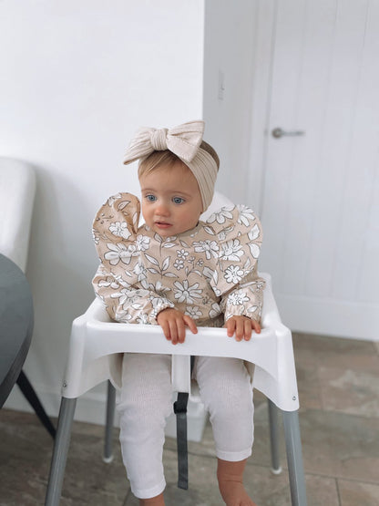 Neutral Floral Frill Detailed Waterproof Bib with Sleeves