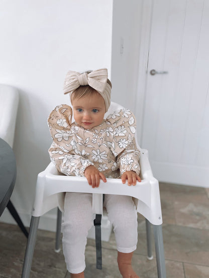 Neutral Floral Frill Detailed Waterproof Bib with Sleeves