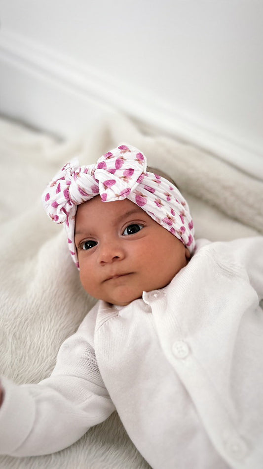 Pink Watercolour Strawberry Print Smaller Bow Cable Knit Headband