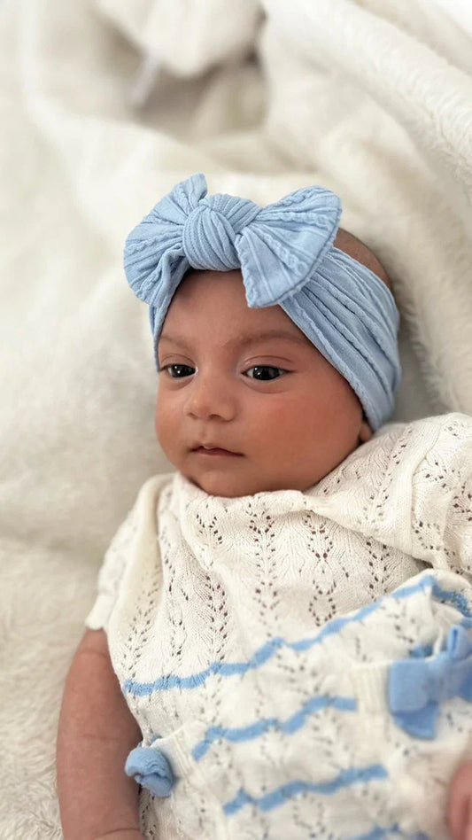 Sky Blue Smaller Bow Cable Knit Headband