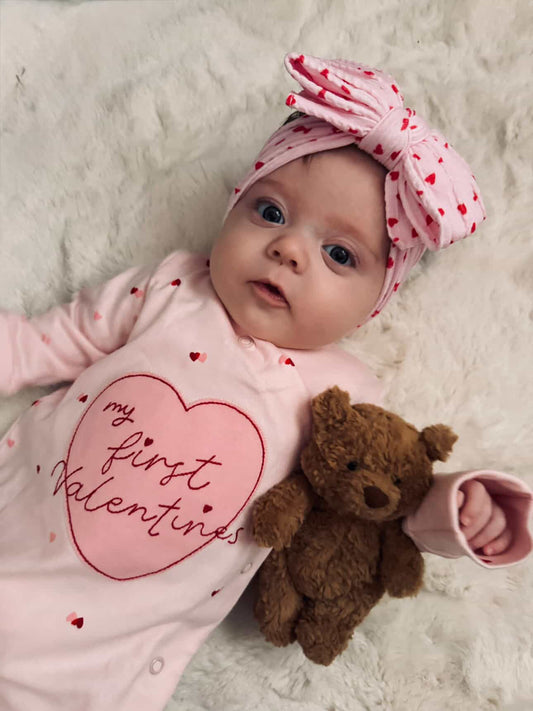 Pink and Red Heart Pattern Larger Bow Cable Knit Headband - Valentines Collection