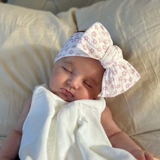 Lilac Daisy Pattern Larger Bow Cable Knit Headband