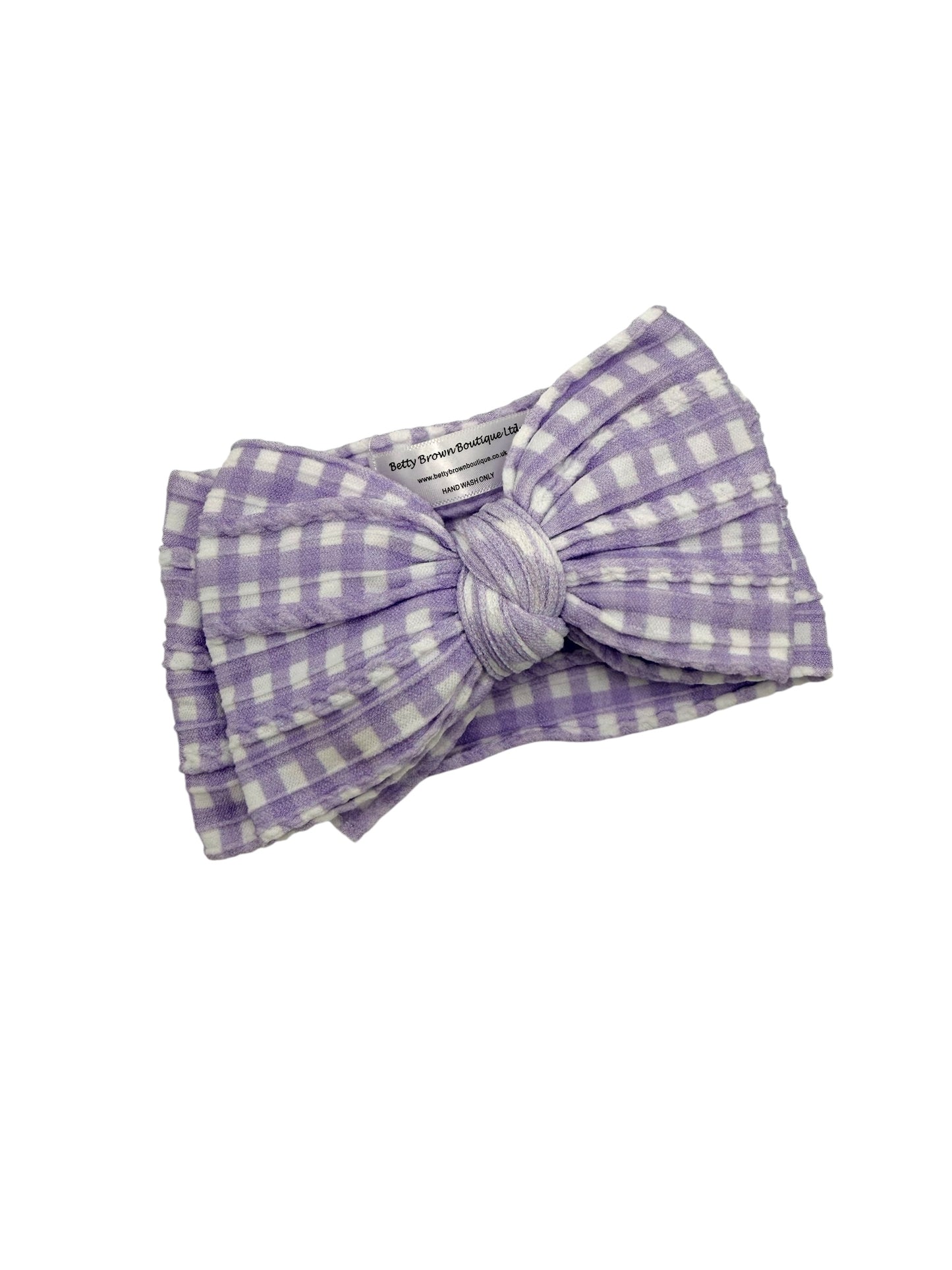 Lilac Gingham Pattern Larger Bow Cable Knit Headband