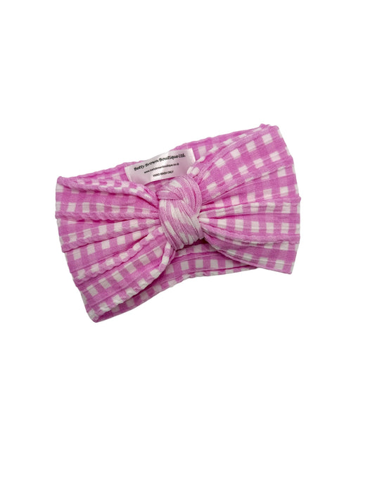 Pink Gingham Pattern Larger Bow Cable Knit Headband