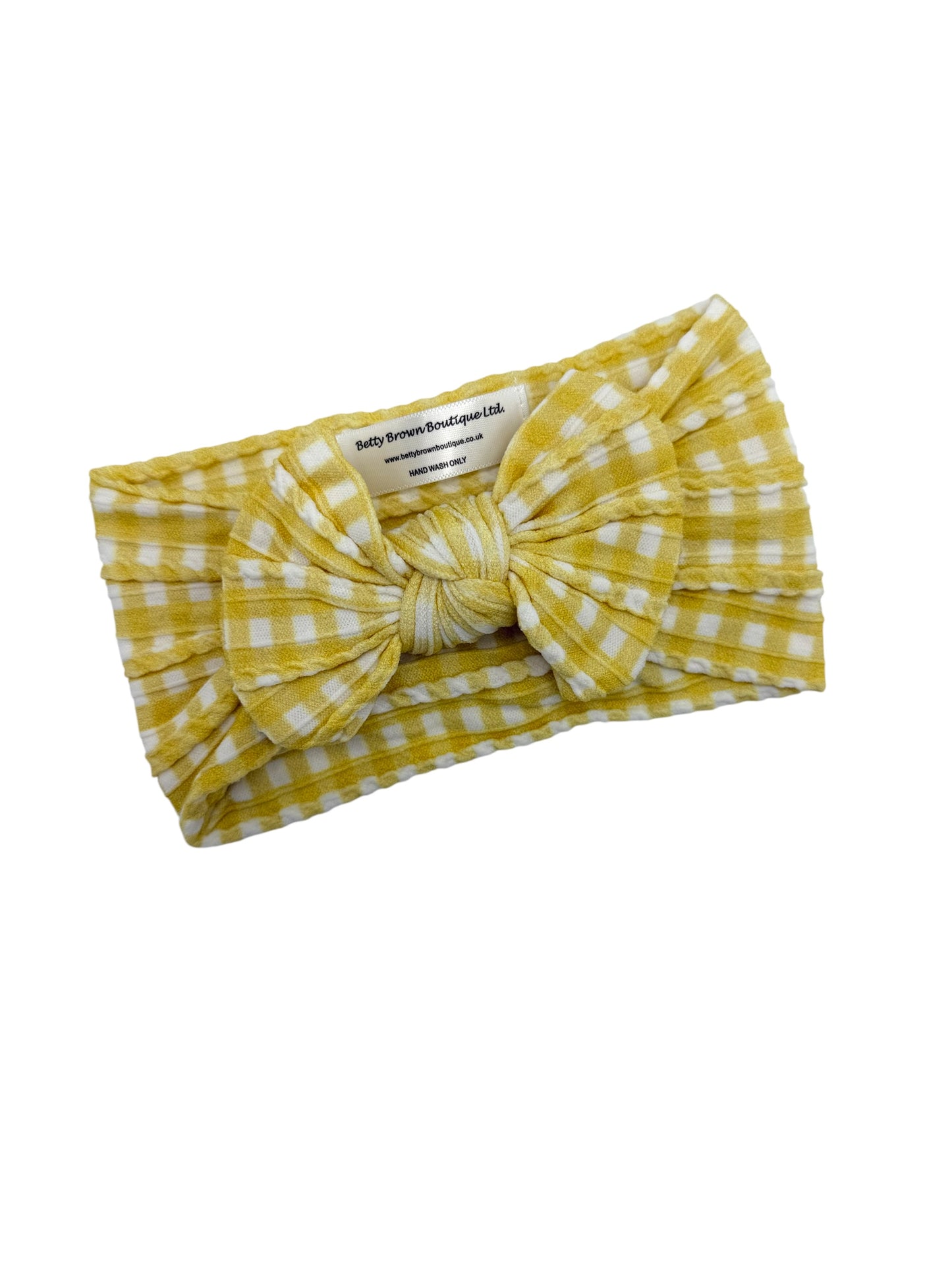 Yellow Gingham Pattern Smaller Bow Cable Knit Headband