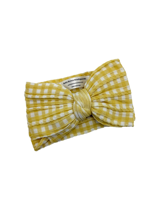 Yellow Gingham Pattern Larger Bow Cable Knit Headband