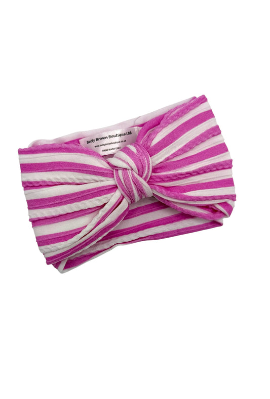 Candy Pink Stripe Larger Bow Cable Knit Headband