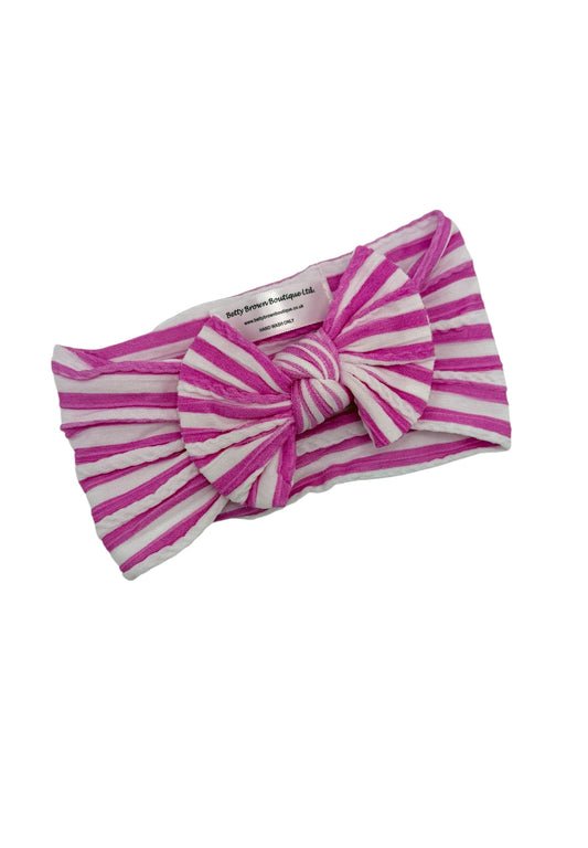 Candy Pink Stripe Smaller Bow Cable Knit Headband