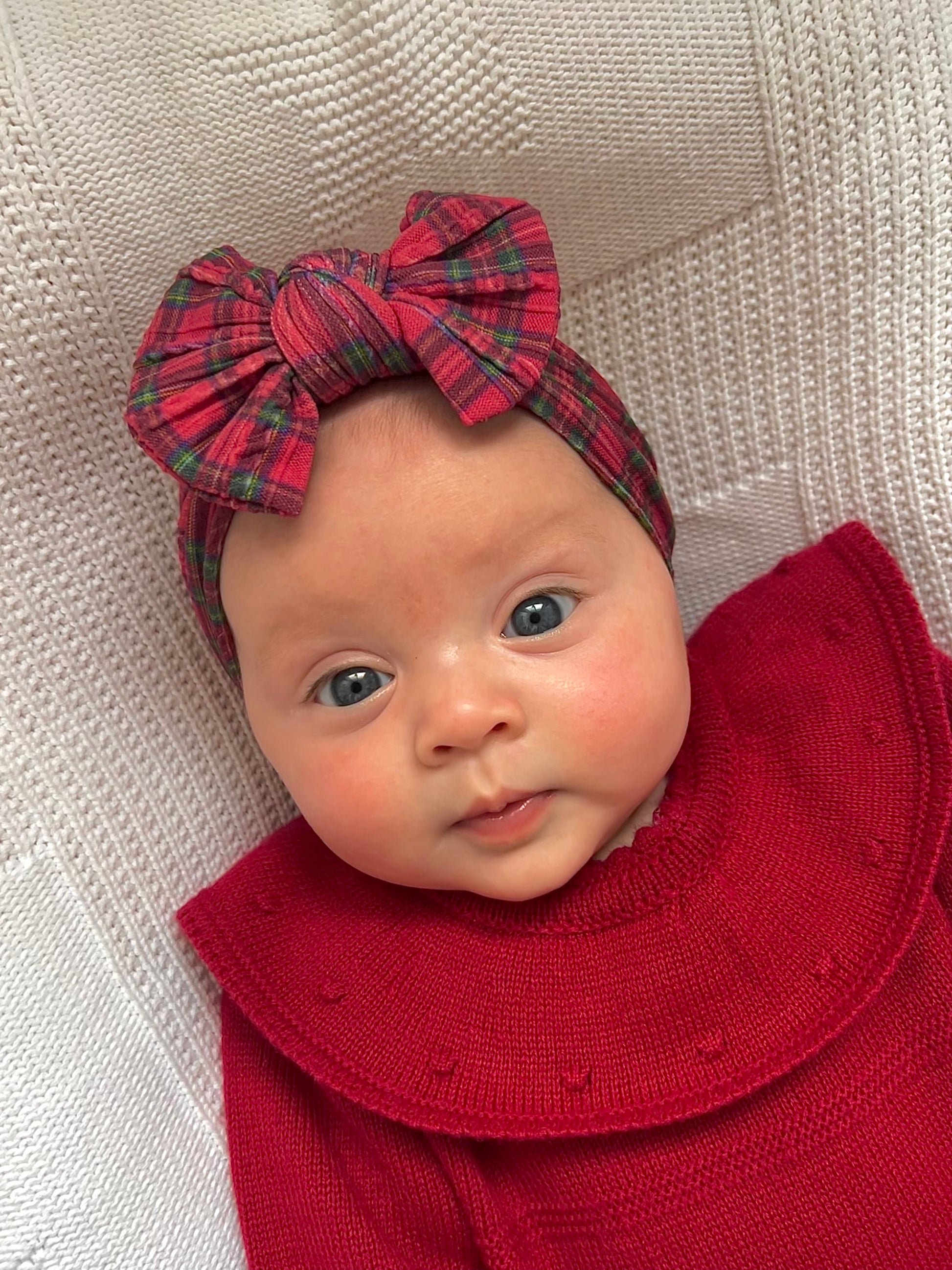 Red Tartan Smaller Bow Cable Knit Headwrap - Christmas Collection - Betty Brown Boutique Ltd