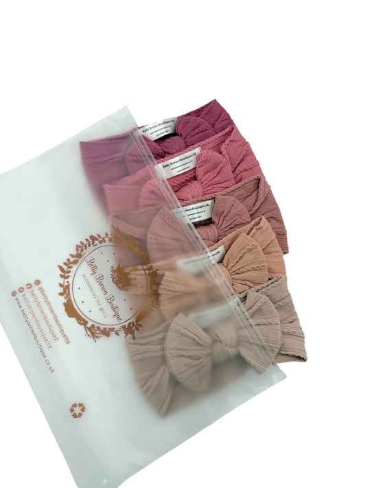 Dusty Pinks Bundle of 5 Smaller Bow Cable Knit Headbands - Suitable From Newborn
